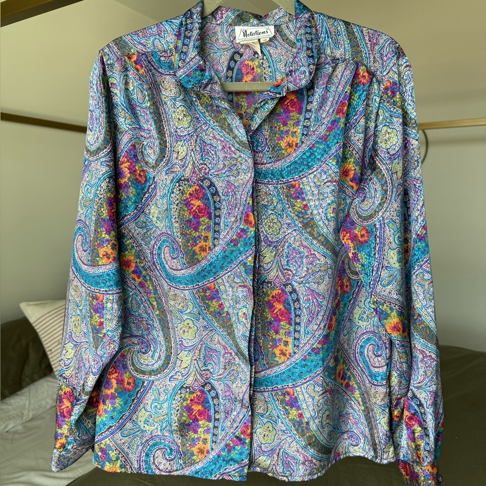 Vintage Paisley Button Up Blouse Purple Shirt M 10 Boho Office-Core 70s 80s 90s
